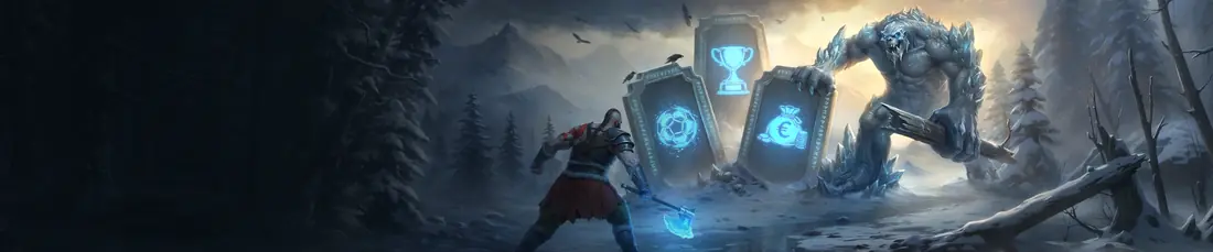 Bannière Godz : un guerrier face à un géant de glace, avec trois tablettes lumineuses (ballon, coupe, sac de pièces)