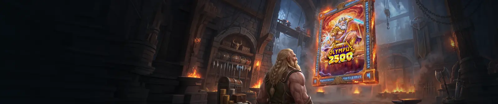 Une forge nordique aux murs de pierre et aux torches, un forgeron blond de dos devant l'affiche encadrée d'un jeu