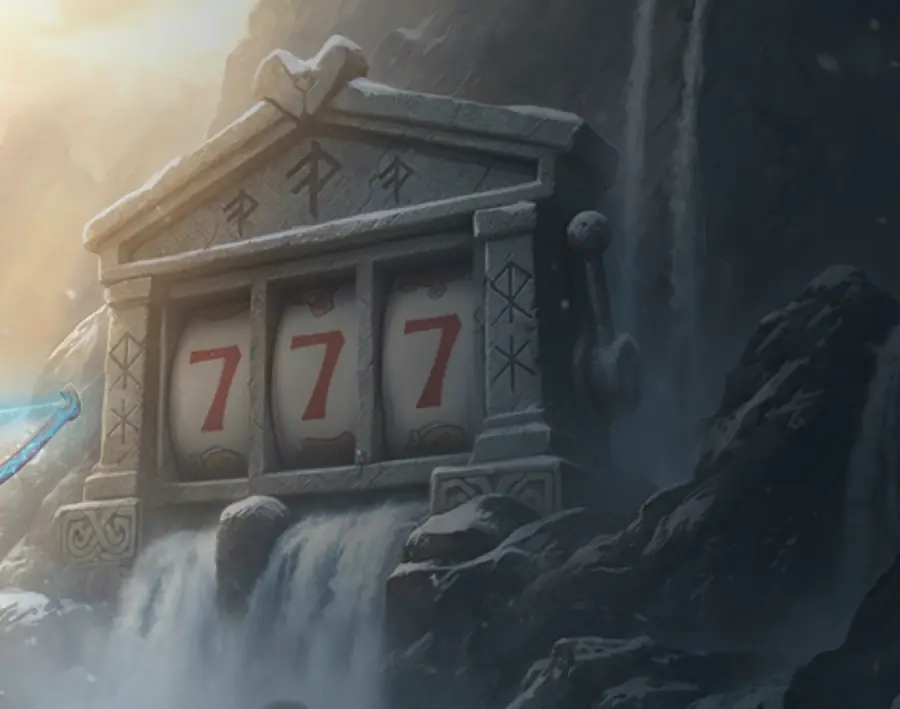 Bannière Godz : un temple de pierre gravé de runes, avec trois rouleaux qui affichent chacun un 7 rouge, devant une cascade