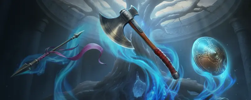Détail de la bannière des collections : une lance à ruban rose, une hache et un bouclier bleu entourés de flammes bleues